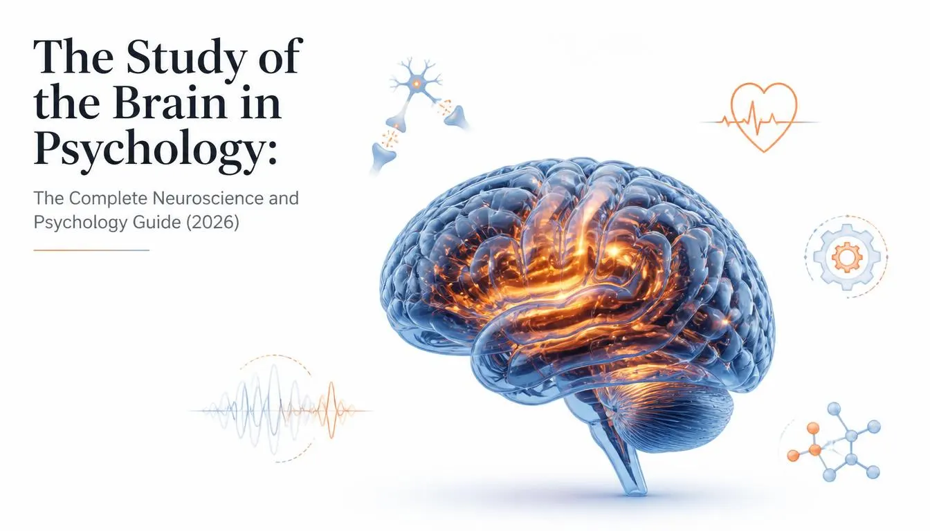 Minimalist editorial illustration of a large 3D brain sculpted in translucent blue resin with vivid orange neural glow effects, set against a pristine white background. Soft side-lit cinematic studio lighting adds depth. Subtle floating icons include synaptic flashes, a heart pulse line, gear mechanism, brainwave oscillation, and molecular structure in pastel blue and burnt orange. Title reads "The Study of the Brain in Psychology: The Complete Neuroscience and Psychology Guide (2026)" placed elegantly at the top left in modern serif font. Lots of negative white space. High-end magazine cover style. 16:9 ultra HD 8k resolution.