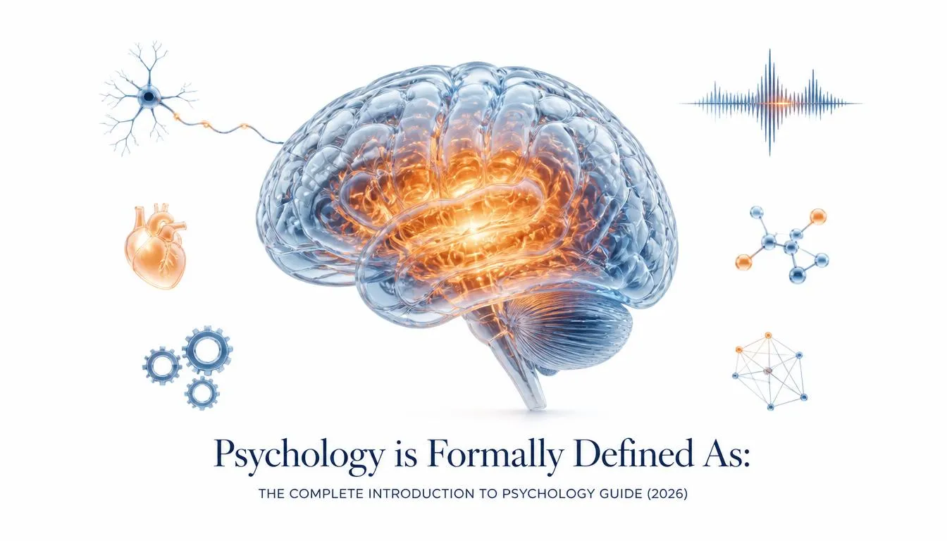 Minimalist editorial illustration of a large translucent blue 3D brain with a glowing orange core, surrounded by subtle floating icons of neural pathways, a heart, gears, waveforms, and molecules on a clean white background. Soft cinematic studio lighting creates a premium magazine-quality aesthetic. The title "Psychology is Formally Defined As: The Complete Introduction to Psychology Guide (2026)" appears in elegant serif typography at the bottom center. Ample negative white space. Modern psychology and neuroscience concept art in 16:9 ultra HD 8k resolution.