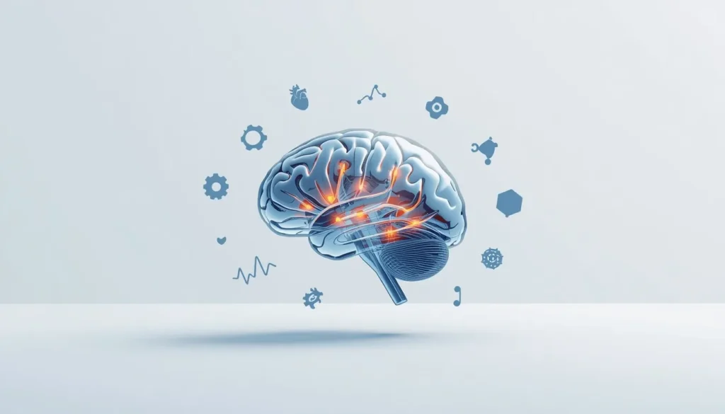 Clean minimalist editorial illustration featuring a large modern 3D brain made of translucent blue glass with warm orange internal structures, centered on a white background. Floating minimalist icons including neural connection nodes, a heart outline, gear, sound wave, and molecular hexagon in muted blue and orange tones. Soft cinematic studio lighting with gentle highlights. No text, no clutter. Premium magazine-quality visual representing psychology and brain science. 16:9 ultra HD 8k resolution with abundant negative space.